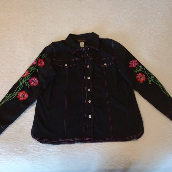 Casual Western Style 3pc Pant Set sz M Black w Pink Floral Embroidery - Picture 3 of 16